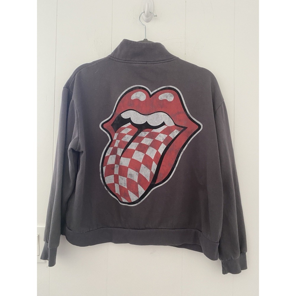 The Rolling Stones Sweatshirt Womens Large Gray Checkered Tongue 1/4 Zip